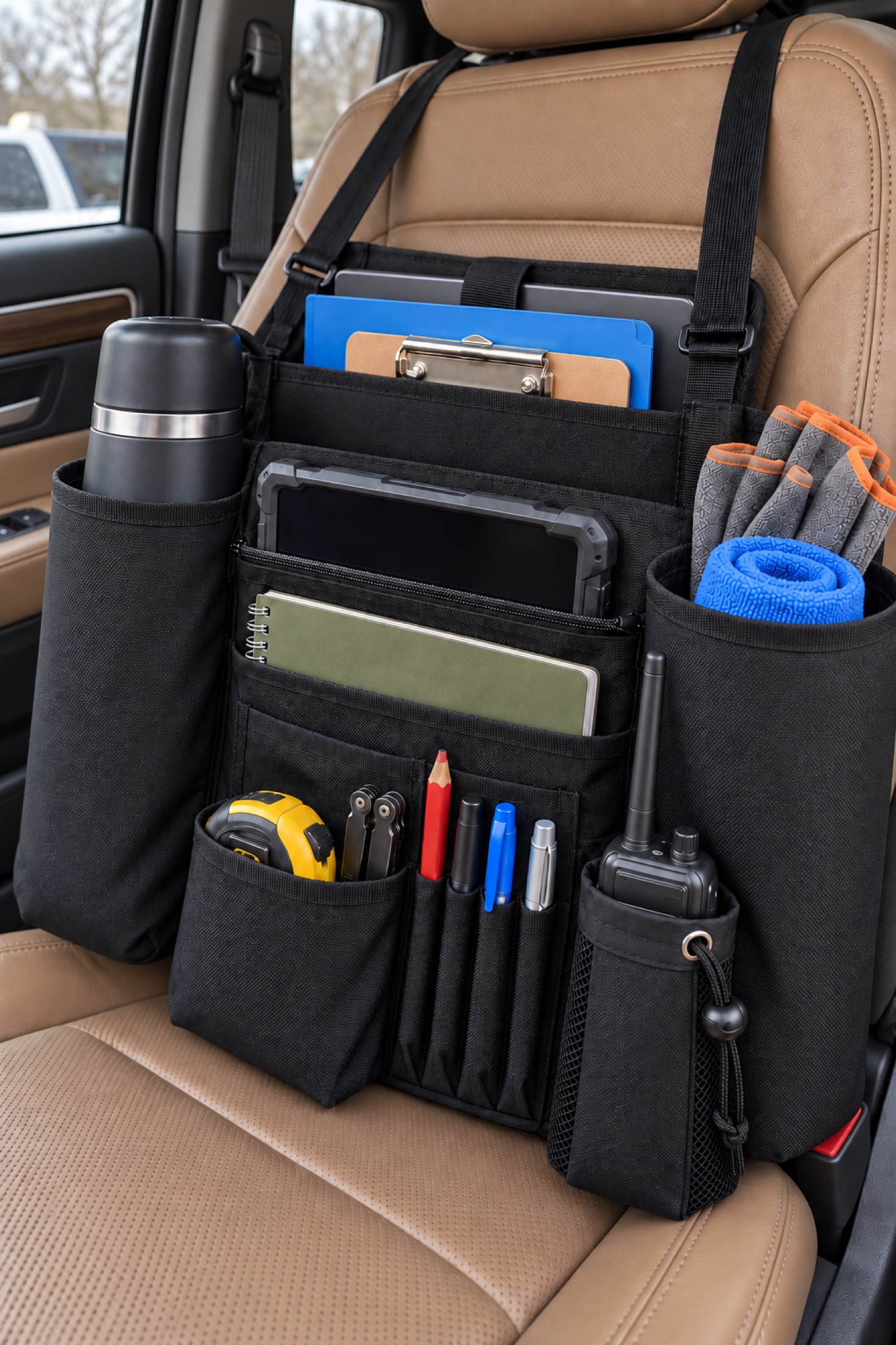 DriverSuperDreams DSD01 black organizer on a tan front seat