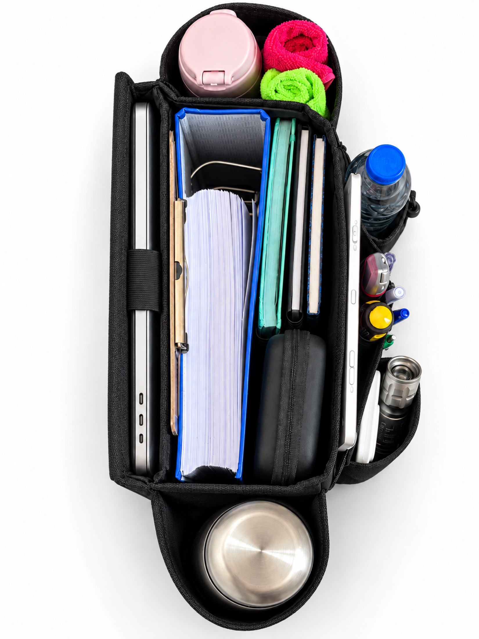 Top view of DriverSuperDreams DSD01 showing laptop, files, and compartments